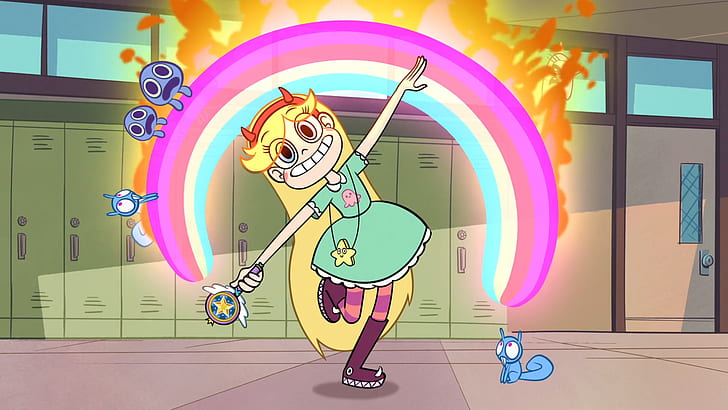 series, Star vs the forces of evil, skirt, Star Butterfly, blue eyes, animation, rainbows, fire, chipmunk, HD wallpaper