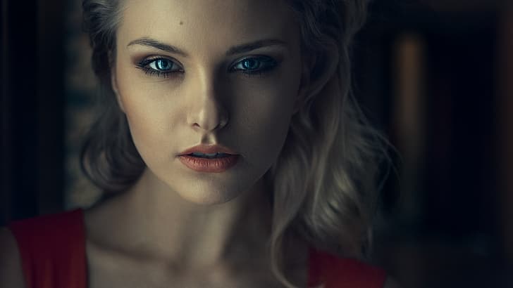 Girl, Beautiful, Blue, RED, Lips, Eye, Sight, Damian Feather, HD wallpaper