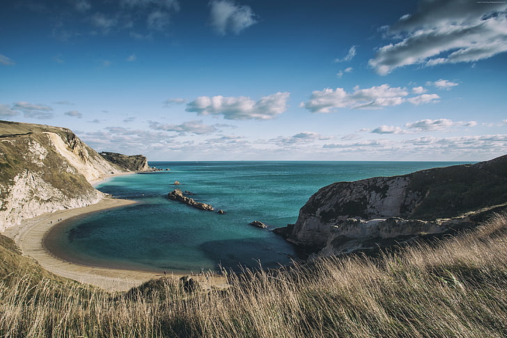 5k, langit, 4k, Dorset, awan, batu, Pantai Jurassic, Inggris, Wallpaper HD