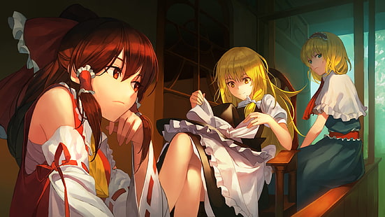 흰 탑에 3 명의 소녀 애니메이션 캐릭터, 동방, Hakurei Reimu, Kirisame Marisa, Alice Margatroid, 애니메이션, 애니메이션 소녀들, 하녀, HD 배경 화면 HD wallpaper