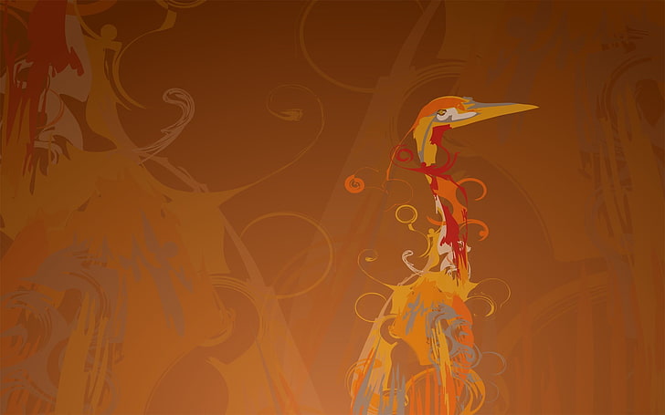 желтая и оранжевая птица цифровые обои, линия, фон, птица, рисунок, кудри, цапля, журавль, Ubuntu, HD обои