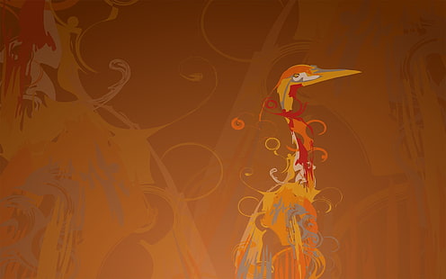 yellow and orange bird digital wallpaper, line, background, bird, figure, curls, Heron, crane, Ubuntu, HD wallpaper HD wallpaper