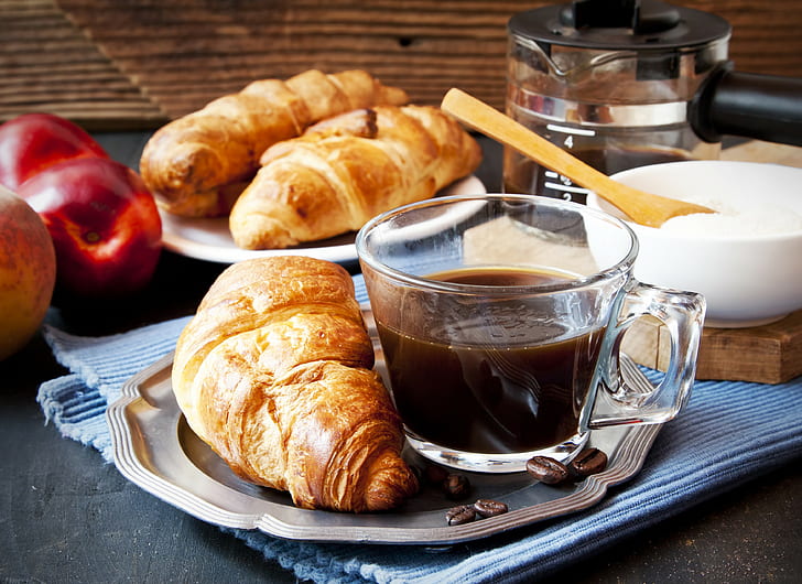 Breakfast, Croissant, coffee, cup, cream, croissant, Breakfast, croissants, HD wallpaper