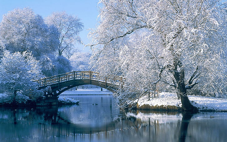 Wintery River, grey footbridge, snow, river, bridge, 3d and abstract, HD wallpaper