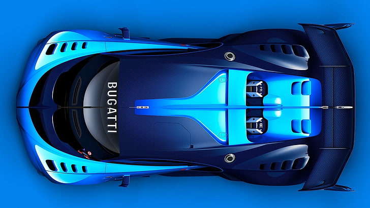 кола, спортен автомобил, концептуални коли, син, Bugatti, Bugatti concept, Bugatti Vision Gran Turismo, син фон, висок изглед, двигатели, HD тапет