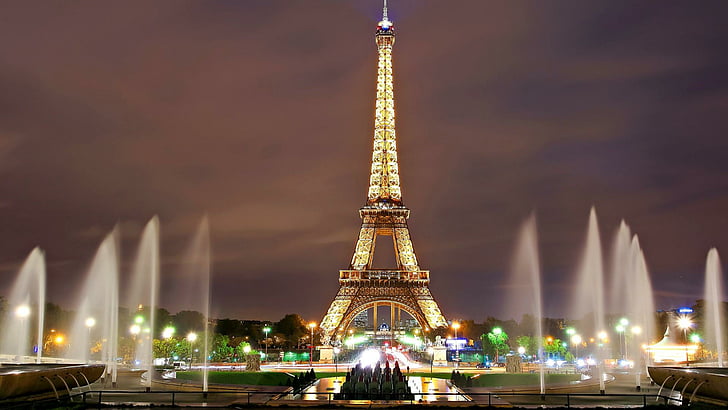 Париж, Эйфелева башня, башня, фонтан, вечер, огни города, город, HD обои