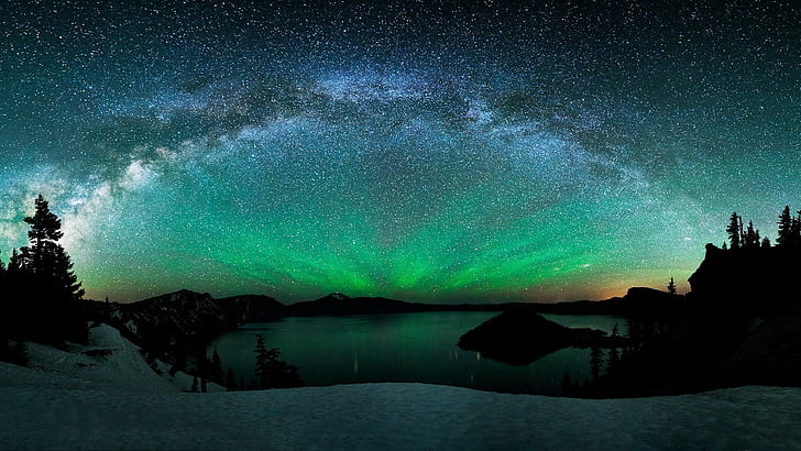 nature, 1920x1080, Mountain Lake, night sky, milky way, Aurora Borealis, Northern Light, HD wallpaper