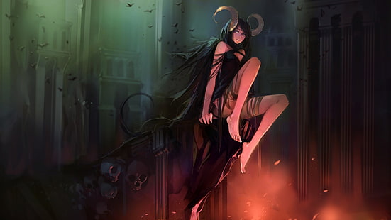 wallpaper karakter anime wanita, setan, neraka, tengkorak, tanduk, seni fantasi, gadis fantasi, Wallpaper HD HD wallpaper