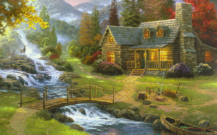 house near river painting, building, Thomas Kinkade, cottage, waterfall, deer, bridge, canoes, artwork, HD wallpaper