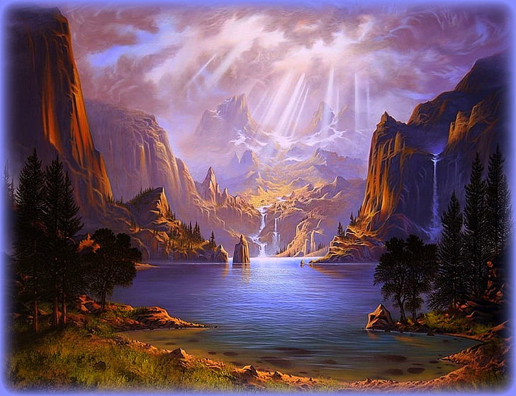«Paysages majestueux», pré-faites créative, montagnes, paysages, dessins, acrylique sur toile, herbe, belle, rochers, cascade, Fond d'écran HD