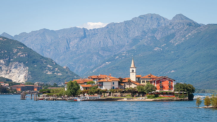 村、海の村、島、イタリア、湖、山、風景、 HDデスクトップの壁紙