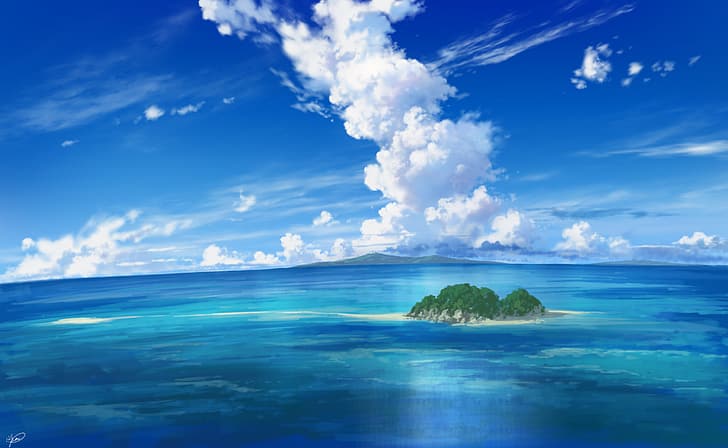 waterscape, island, water, clouds, sea, pei (sumurai), signature, beach, horizon, sky, HD wallpaper