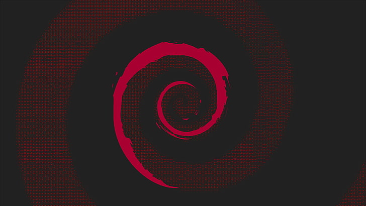 red and black swirl wallpaper, red coil graphic wallpaper, Debian, Linux, minimalism, material minimal, neon glow, ASCII art, text, material style, red, HD wallpaper
