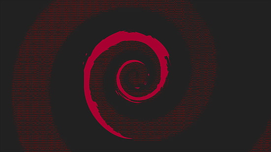 red and black swirl wallpaper, red coil graphic wallpaper, Debian, Linux, minimalism, material minimal, neon glow, ASCII art, text, material style, red, HD wallpaper HD wallpaper