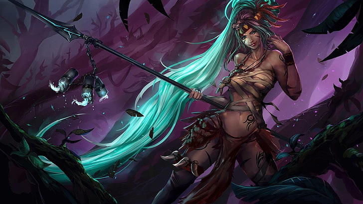 woman holding spear wallpaper, Nidalee (League of Legends), League of Legends, HD wallpaper