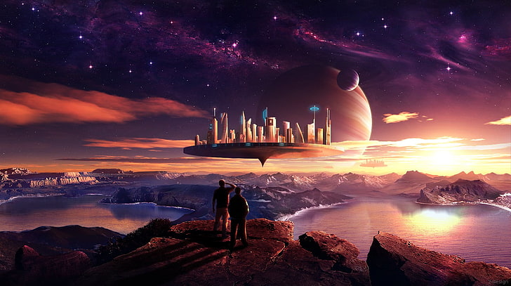 ilustrasi kota terapung, planet, fiksi ilmiah, seni luar angkasa, kota futuristik, seni digital, futuristik, Wallpaper HD