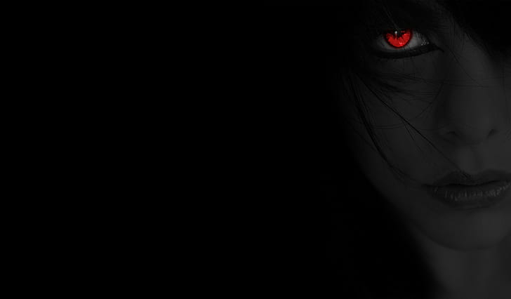 face, selective coloring, red eyes, black background, HD wallpaper