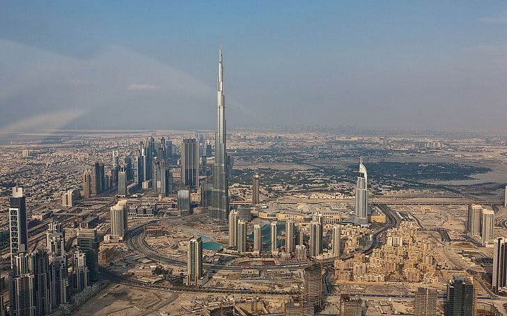 сграда от сив бетон, Дубай, небостъргачи, сграда, HD тапет
