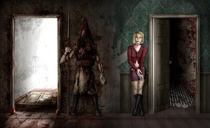 flicka, vägg, monster, dörr, konst, Maria, rum, rummet, Silent Hill 2, Pyramid Head, HD tapet