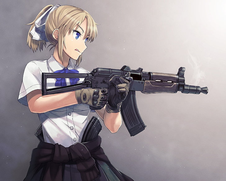 anime, anime girls, blond, blaue augen, handschuhe, pistole, waffe, kurze haare, HD-Hintergrundbild