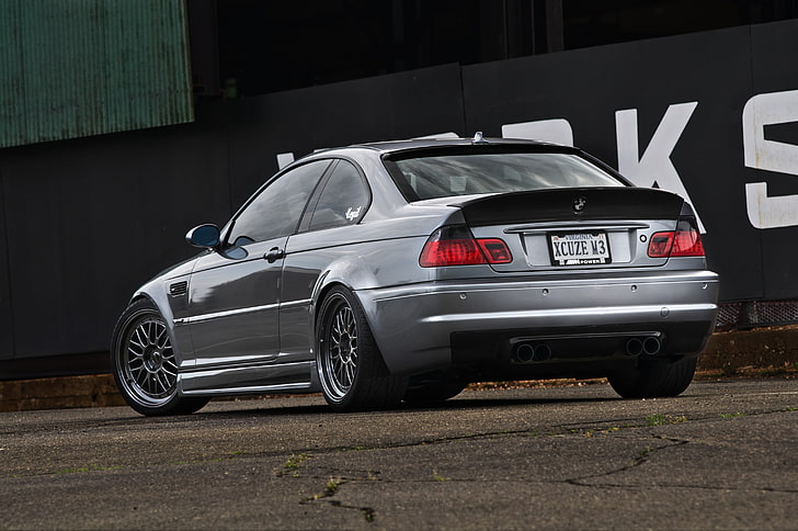 gray BMW E46 M3 coupe, wall, the inscription, BMW, coupe, silver, black, rear view, silvery, e46, HD wallpaper