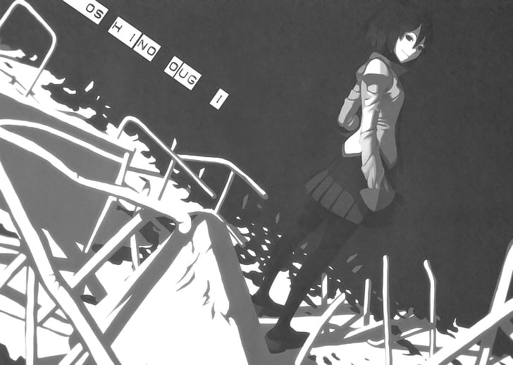 Gadis Anime, monokrom, Seri Monogatari, Oshino Ougi, Wallpaper HD