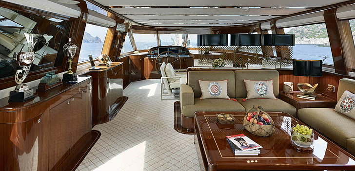 sofá seccional marrón, diseño, estilo, interior, yate, Suite, yate de lujo, glorioso, Fondo de pantalla HD