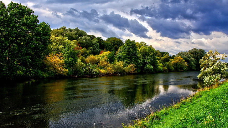 Gewässer und grünblättrige Bäume, Fluss, Wald, Natur, Wasser, Landschaft, Bäume, Himmel, Wolken, HD-Hintergrundbild