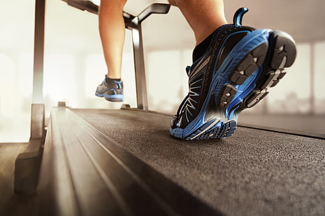 black-and-blue low-top sneakers, running, treadmills, HD wallpaper HD wallpaper