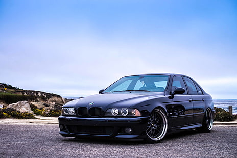 sedan preto BMW E46, céu, montanhas, azul, BMW, e39, HD papel de parede HD wallpaper