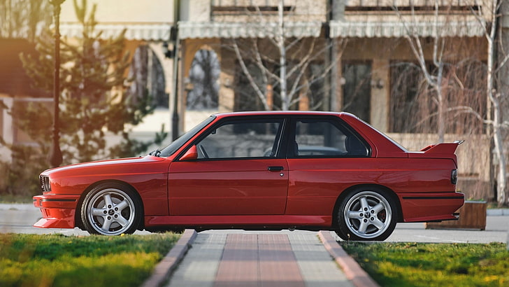 czerwony 5-drzwiowy hatchback, BMW, samochód, Tapety HD