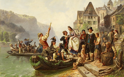 1859 ، رسام ألماني ، زيت على قماش ، مدرسة دوسلدورف للفنون ، مدرسة دوسلدورف للرسم ، ألبرت كيندلر ، موكب زفاف على نهر الراين ، موكب الزفاف على نهر الراين، خلفية HD HD wallpaper