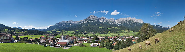 greenfield wallpaper, landscape, Austria, town, valley, mountains, sheep, multiple display, dual monitors, HD wallpaper