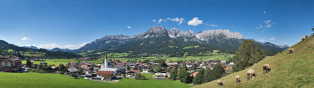 papier peint greenfield, paysage, Autriche, ville, vallée, montagnes, moutons, affichage multiple, deux moniteurs, Fond d'écran HD HD wallpaper