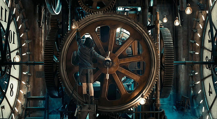 steampunk, gears, metal, movies, Hugo (movie), clockwork, children, lightbulb, screen shot, clocks, HD wallpaper