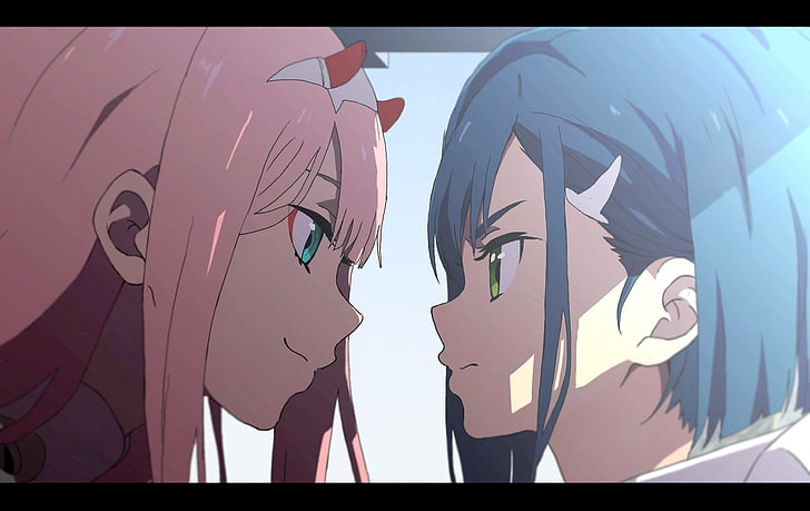two woman facing each other illustration, Darling in the FranXX, anime, Zero Two (Darling in the FranXX), Ichigo (Darling in the FranXX), pink hair, blue hair, blue eyes, green eyes, HD wallpaper