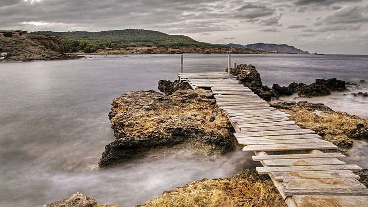 Dock At Sant Carles Ibiza Spain, mountains, shore, dock, clouds, nature and landscapes, HD wallpaper