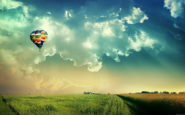 Balloon in the landscape, blue green and yellow air balloon, balloon, landscape, HD wallpaper