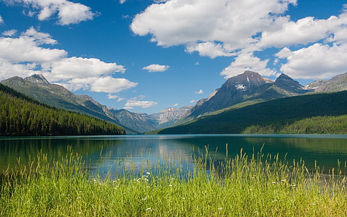 Bowman Lake, Glacier National Park, Montana, montagne, nuvole, Bowman, Lake, Glacier, nazionale, parco, Montana, Mountains, Clouds, Sfondo HD HD wallpaper