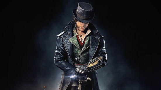 رجل يرتدي معطفًا من الجلد الأسود وقبعة علوية ، Assassin's Creed ، Assassin's Creed: Syndicate ، Jacob Frye، خلفية HD HD wallpaper