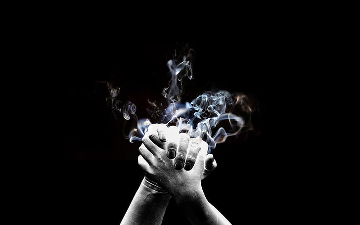 two hands and smoke wallpaper, black background, hands, smoke, digital art, HD wallpaper