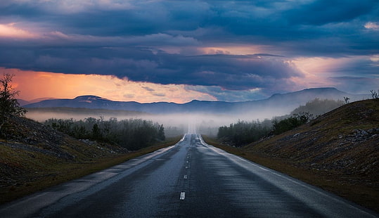 empty road at golden hour, nature, photography, landscape, road, sunset, mountains, summer, mist, clouds, sky, trees, asphalt, Finland, HD wallpaper HD wallpaper