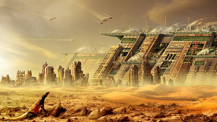 Stadt digitale Tapeten, Science-Fiction, futuristisch, Wüste, digitale Kunst, HD-Hintergrundbild