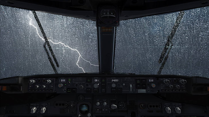 panel de control del vehículo, avión, rayos, lluvia, agua sobre vidrio, Boeing, Boeing 737NG, 737, aeronave, Fondo de pantalla HD