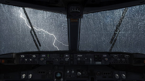 панель управления транспортным средством, самолет, молния, дождь, вода на стекле, Боинг, Боинг 737NG, 737, самолет, HD обои HD wallpaper