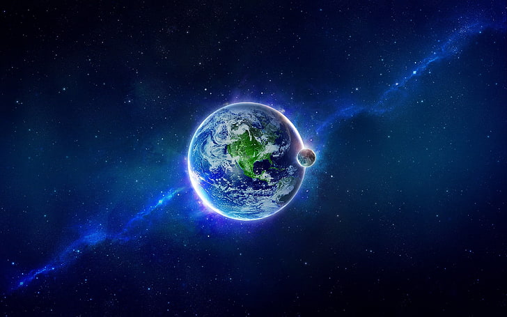 planeta Ziemia ilustracja, niebo, tło, ziemia, księżyc, gwiazdy, Tapety HD