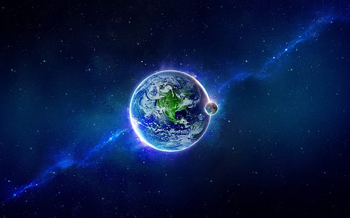 планета Земля иллюстрация, небо, фон, земля, луна, звёзды, HD обои HD wallpaper