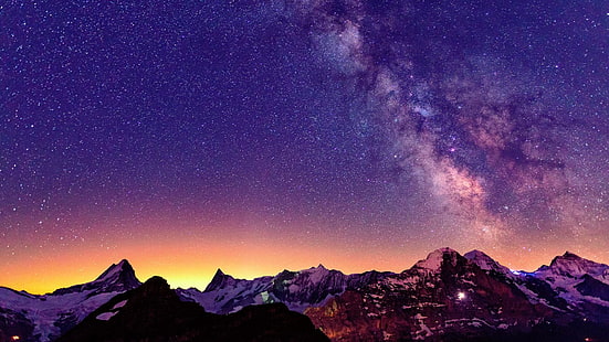 sky, stars, mountain, zermatt, sunsets, purple sky, orange sky, night, switzerland, europe, milky way, mountains, alps, swiss alps, starry night, night sky, HD wallpaper HD wallpaper