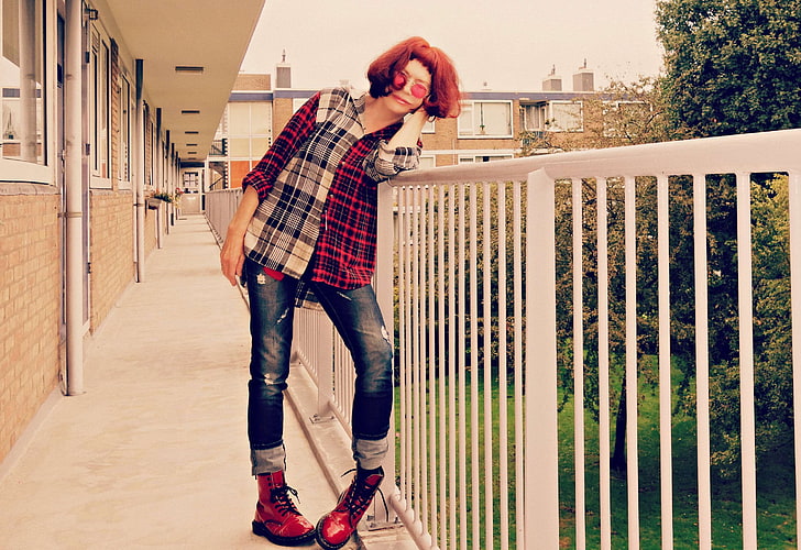 apartment block, caucasian, clothes, doctor martens, fashion, gallery, hair, jeans, model, pose, rail, red hair, redhead, rooftop, shirt, style, trees, woman, woodcutter shirt, HD wallpaper