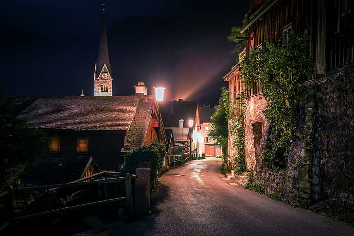 night, street, home, Austria, lighting, lights, town, Hallstatt, community, HD wallpaper